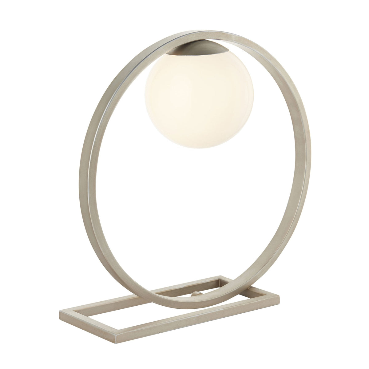 Modern table lamp with a glowing spherical bulb inside a brushed metal oval frame on a white background.