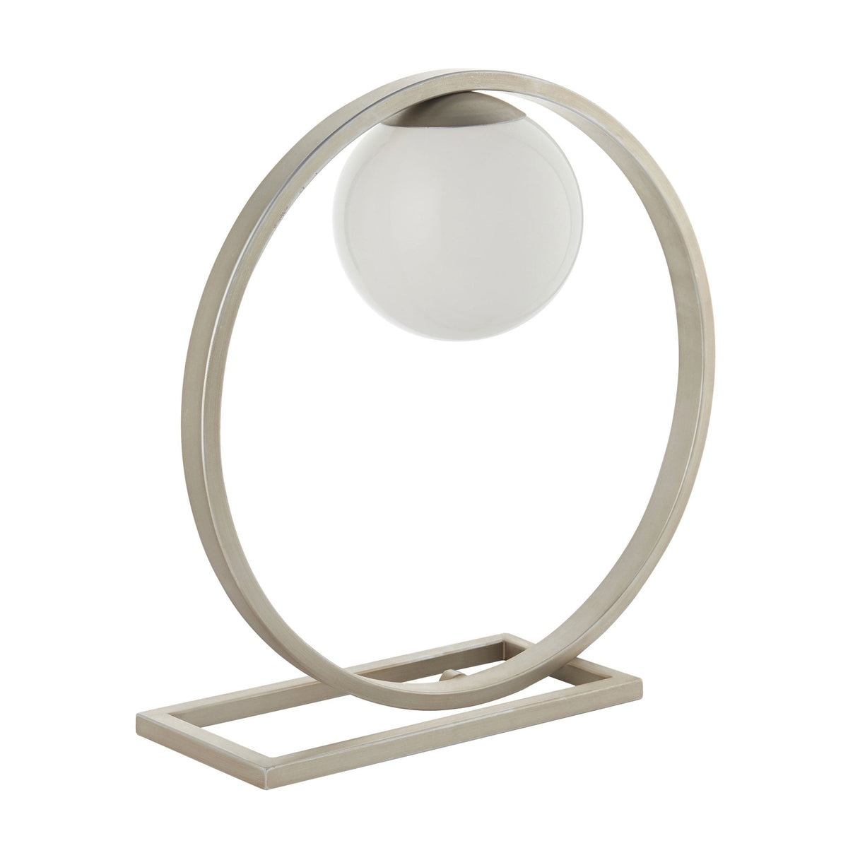 Modern table lamp with a spherical bulb inside a brushed metal oval frame on a white background.