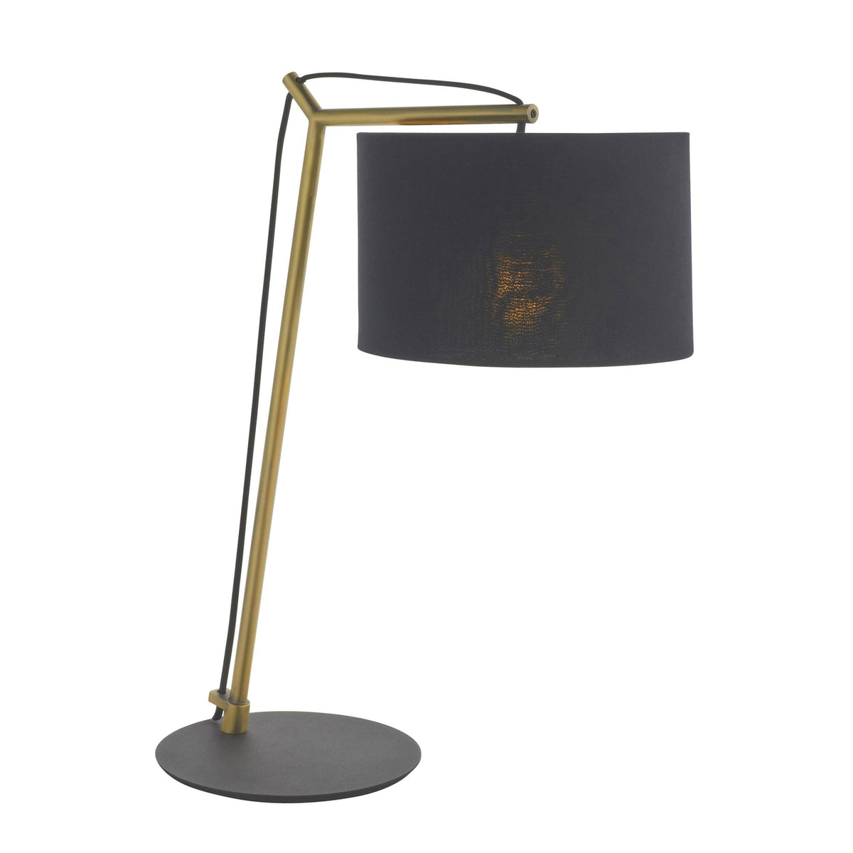 Modern desk lamp with a black shade and gold-colored frame on a white background.