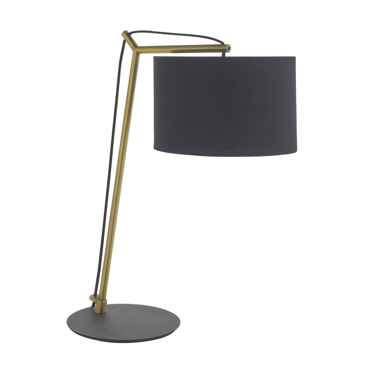Modern desk lamp with a black shade and gold-colored frame on a white background.