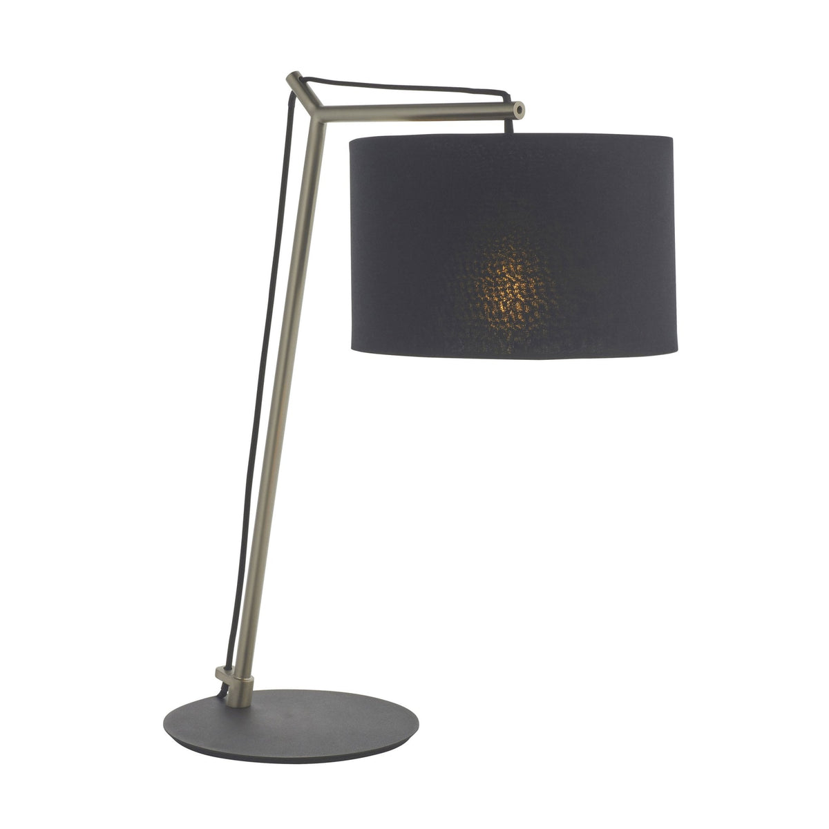 Black and gold table lamp with a silver frame and a textured shade, on a white background.
