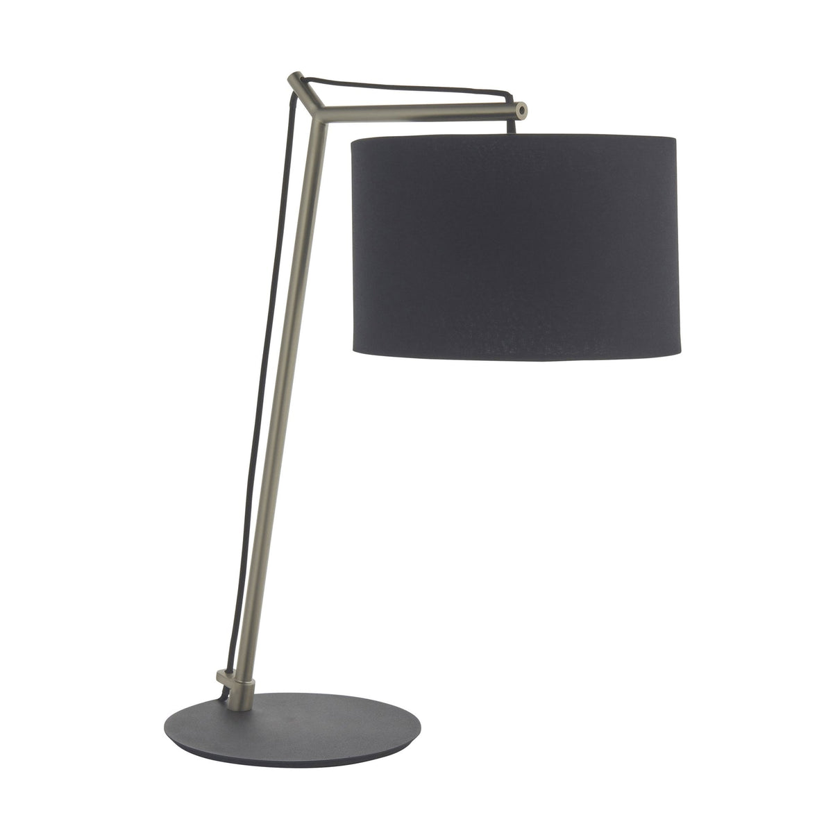 Black and gold table lamp with a smooth shade and silver frame, on a white background.