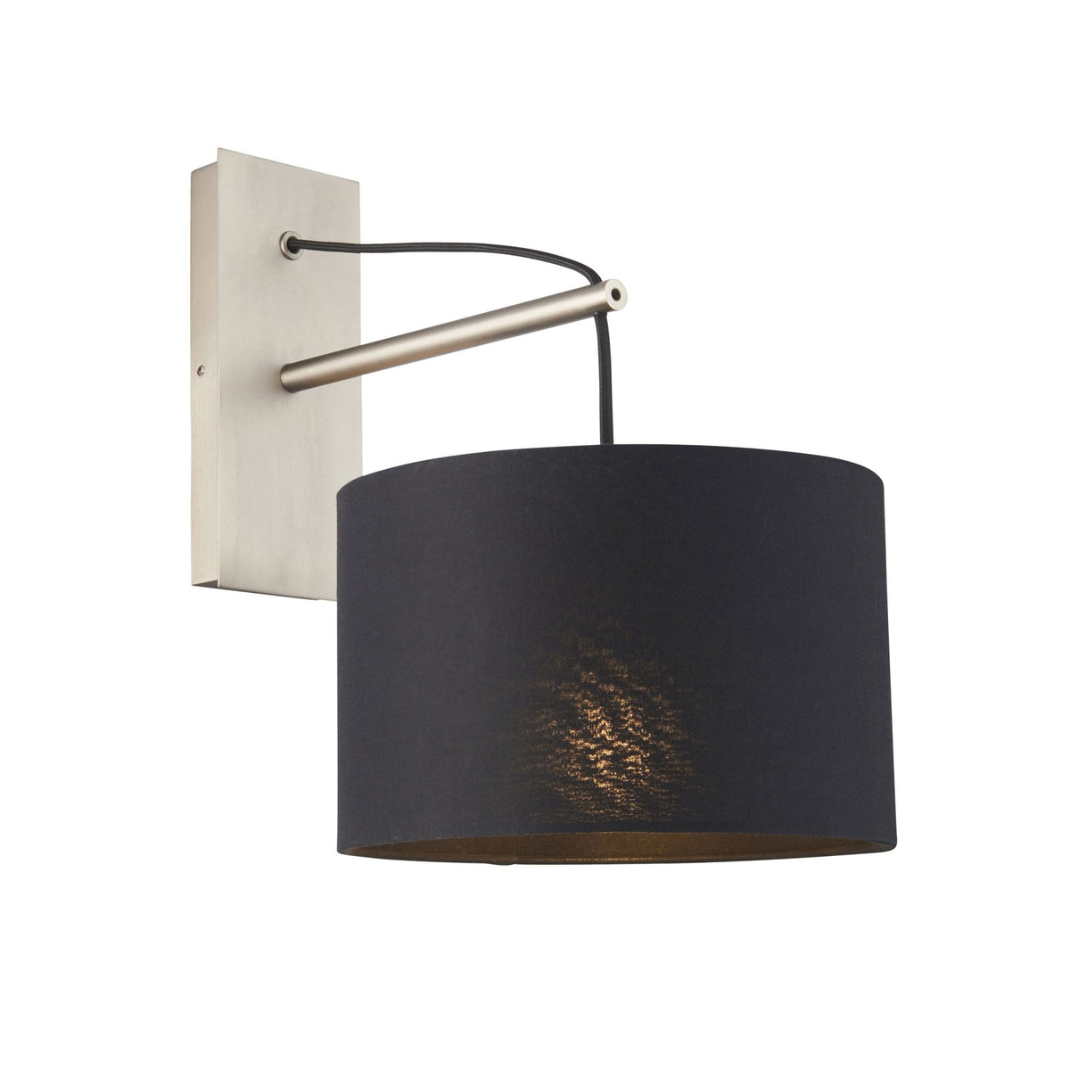 Black drum shade wall light with a brushed steel arm and backplate, illuminated with a warm glow.
