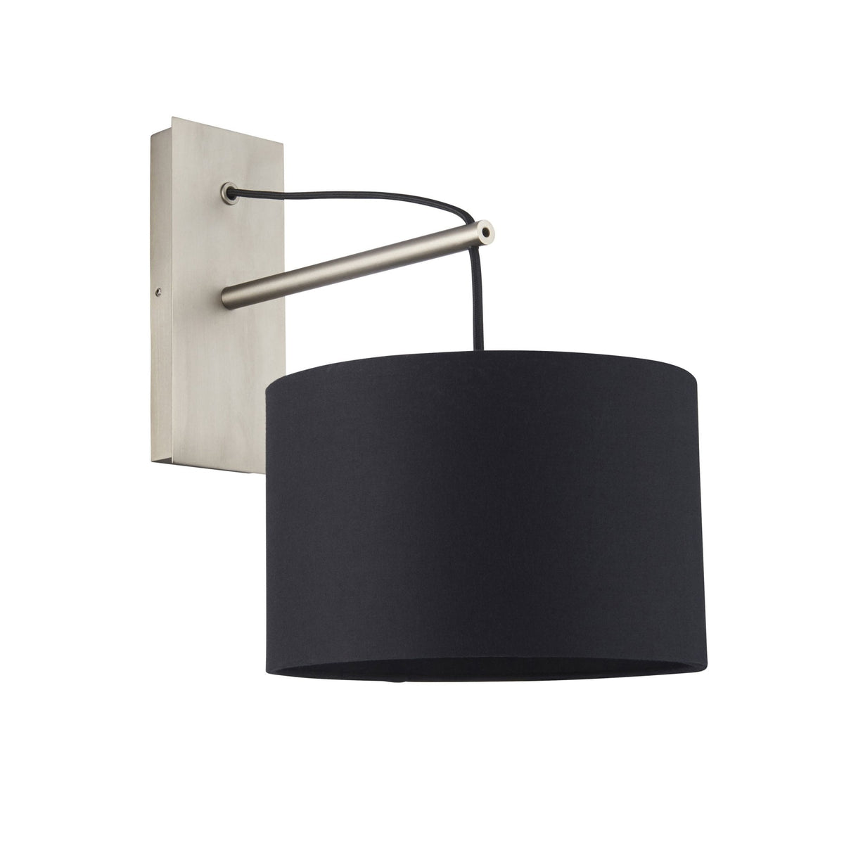 Black drum shade wall light with a brushed steel arm and backplate on a white background.