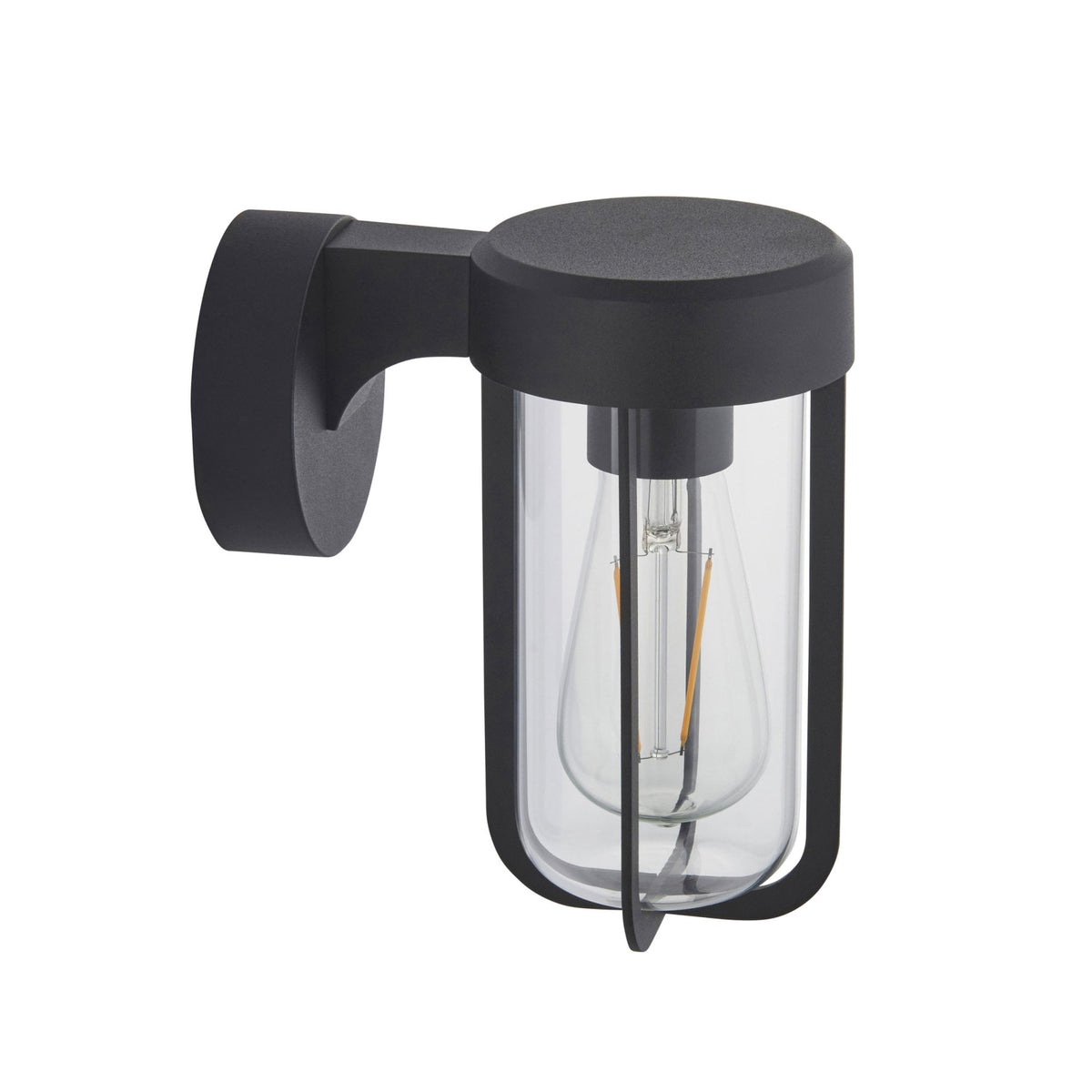 A black modern outdoor wall light with an exposed Edison bulb, on a white background.