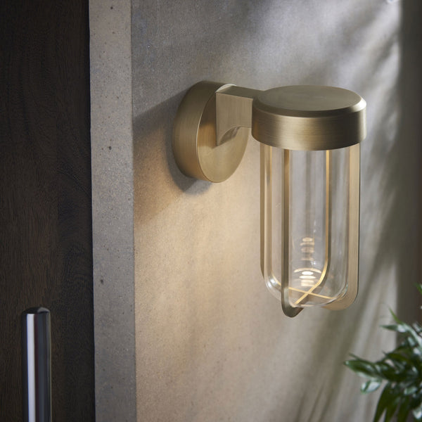 Lillington IP44 LED Wall Light in Brushed Gold & Clear Glass