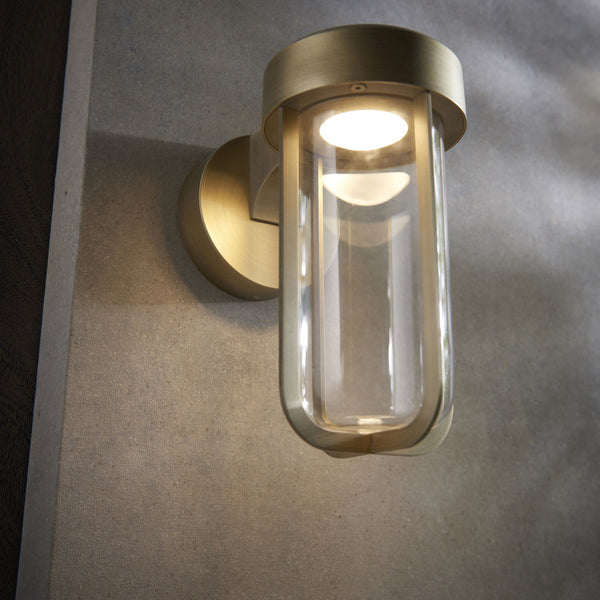 Lillington IP44 LED Wall Light in Brushed Gold & Clear Glass