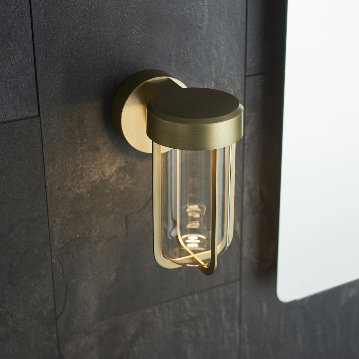 Lillington IP44 LED Wall Light in Brushed Gold & Clear Glass