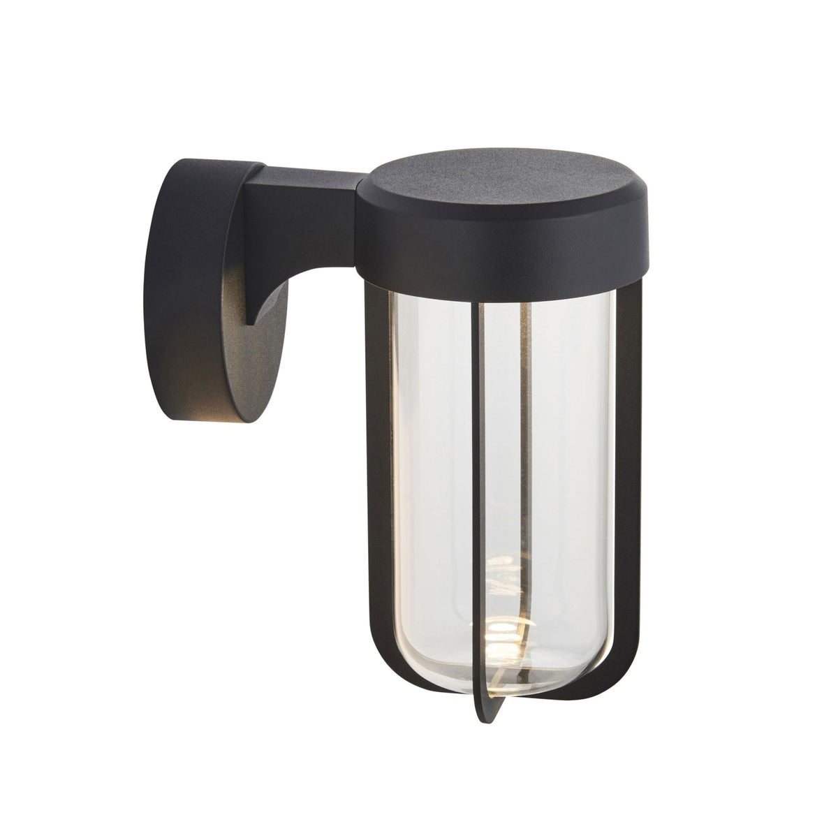 A black modern wall light with a clear glass cylindrical shade, viewed against a white background.