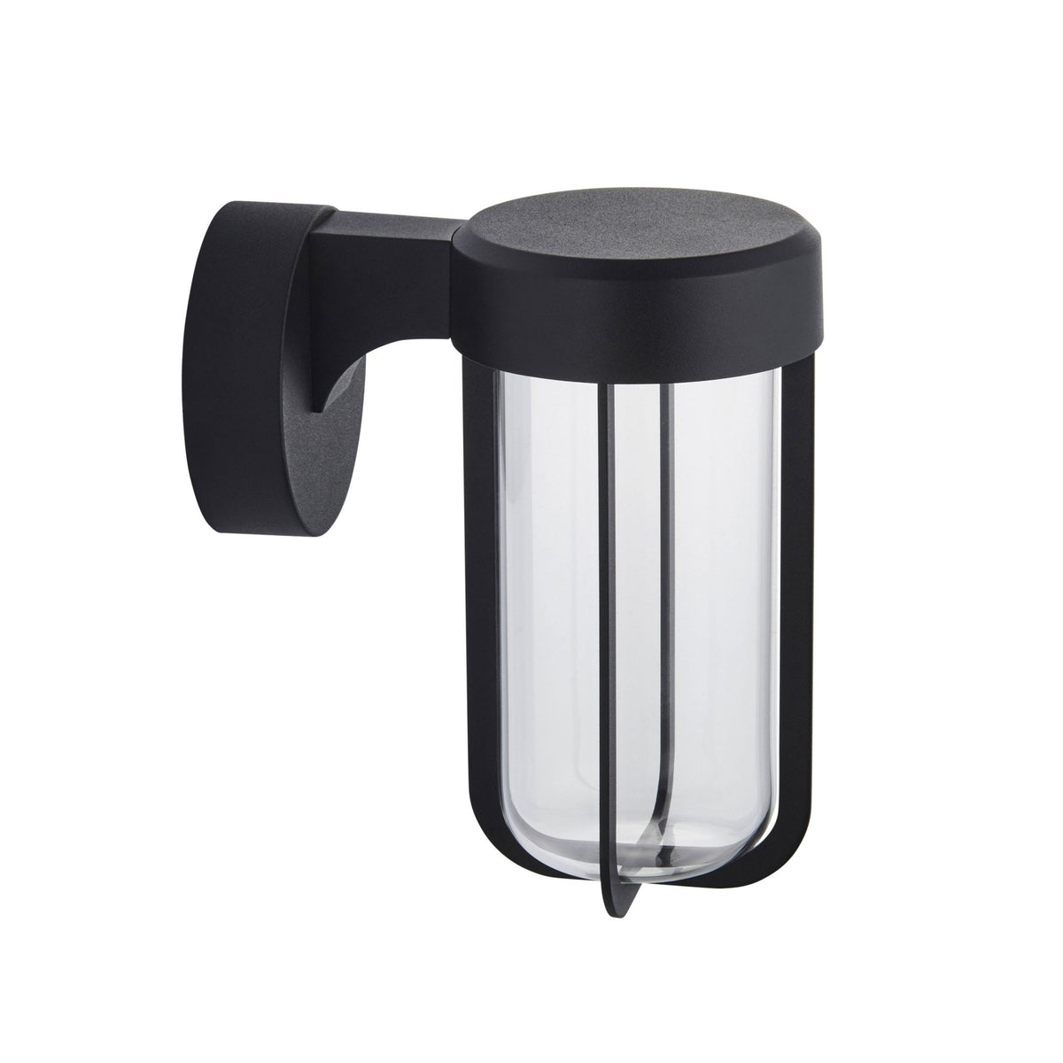 A black modern wall light with a clear glass cylindrical shade and an exposed internal structure.
