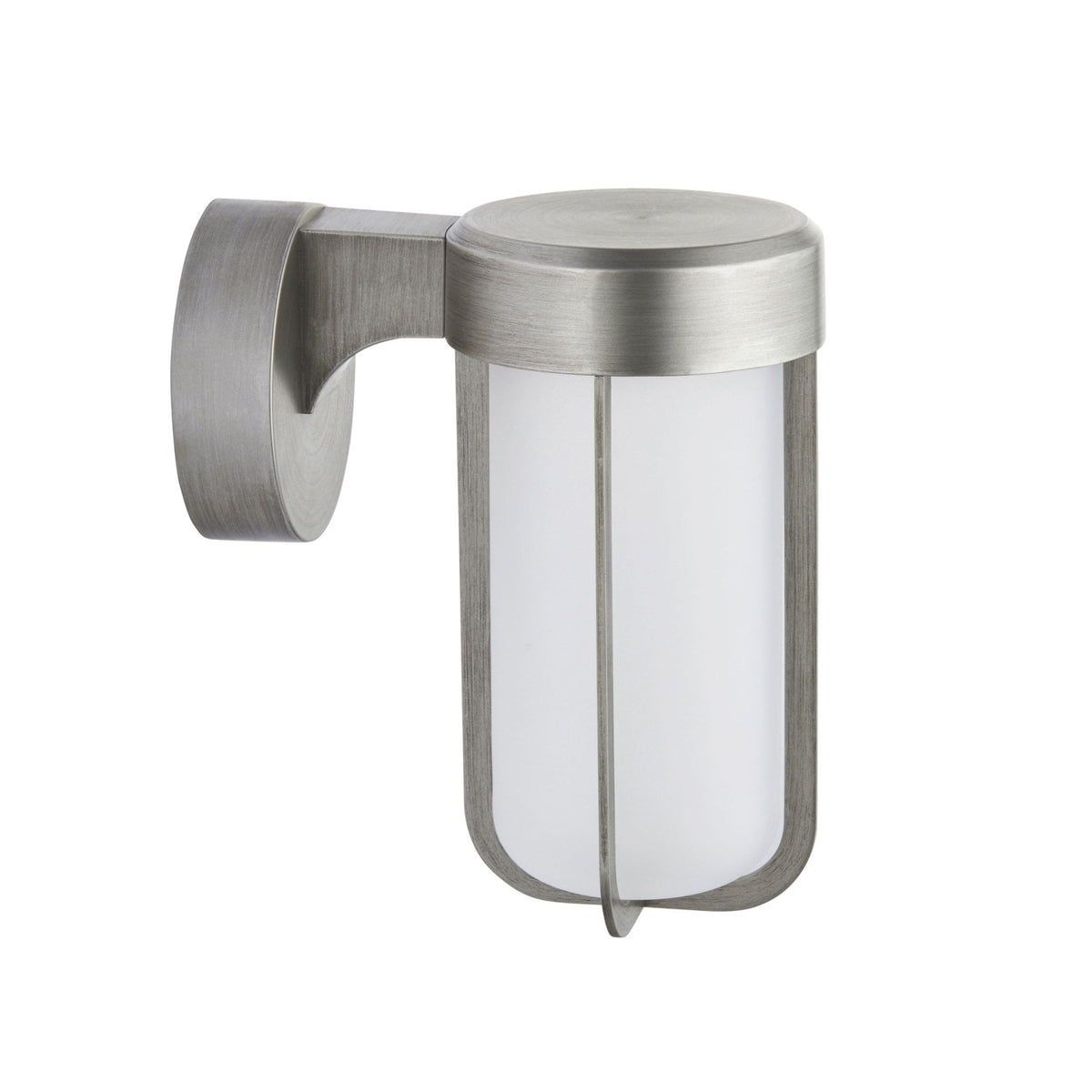 A brushed steel outdoor wall light with a frosted white glass diffuser, isolated on a white background.