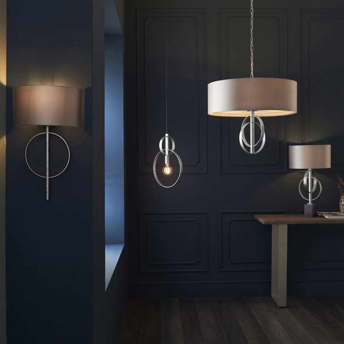 Netherbury 5 Light Pendant in Antique Silver & Mink Shade