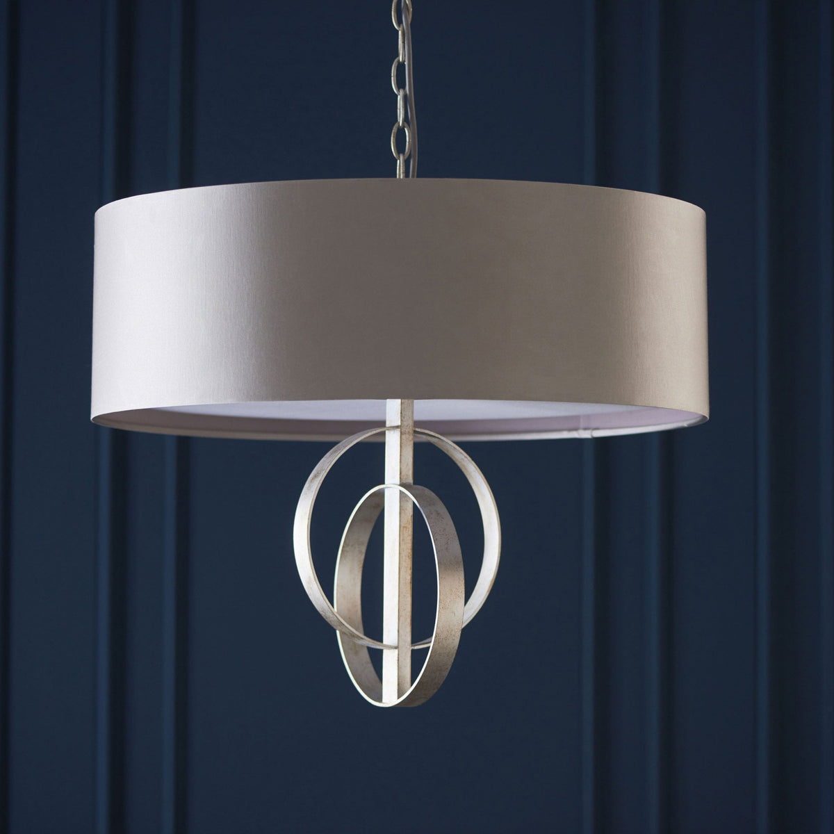 Netherbury 5 Light Pendant in Antique Silver & Mink Shade