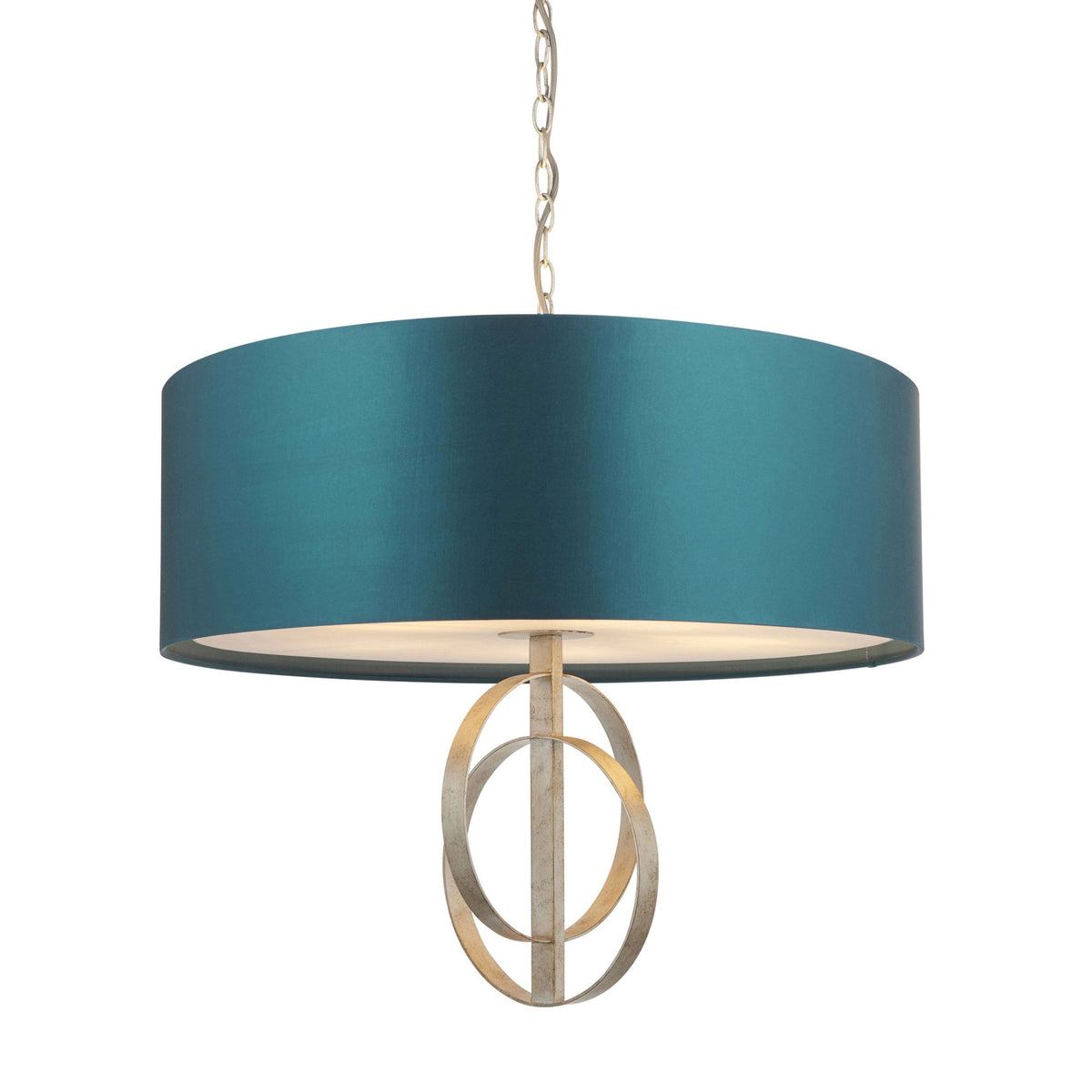 A studio shot of the teal drum shade pendant light, highlighting its design against a plain background.