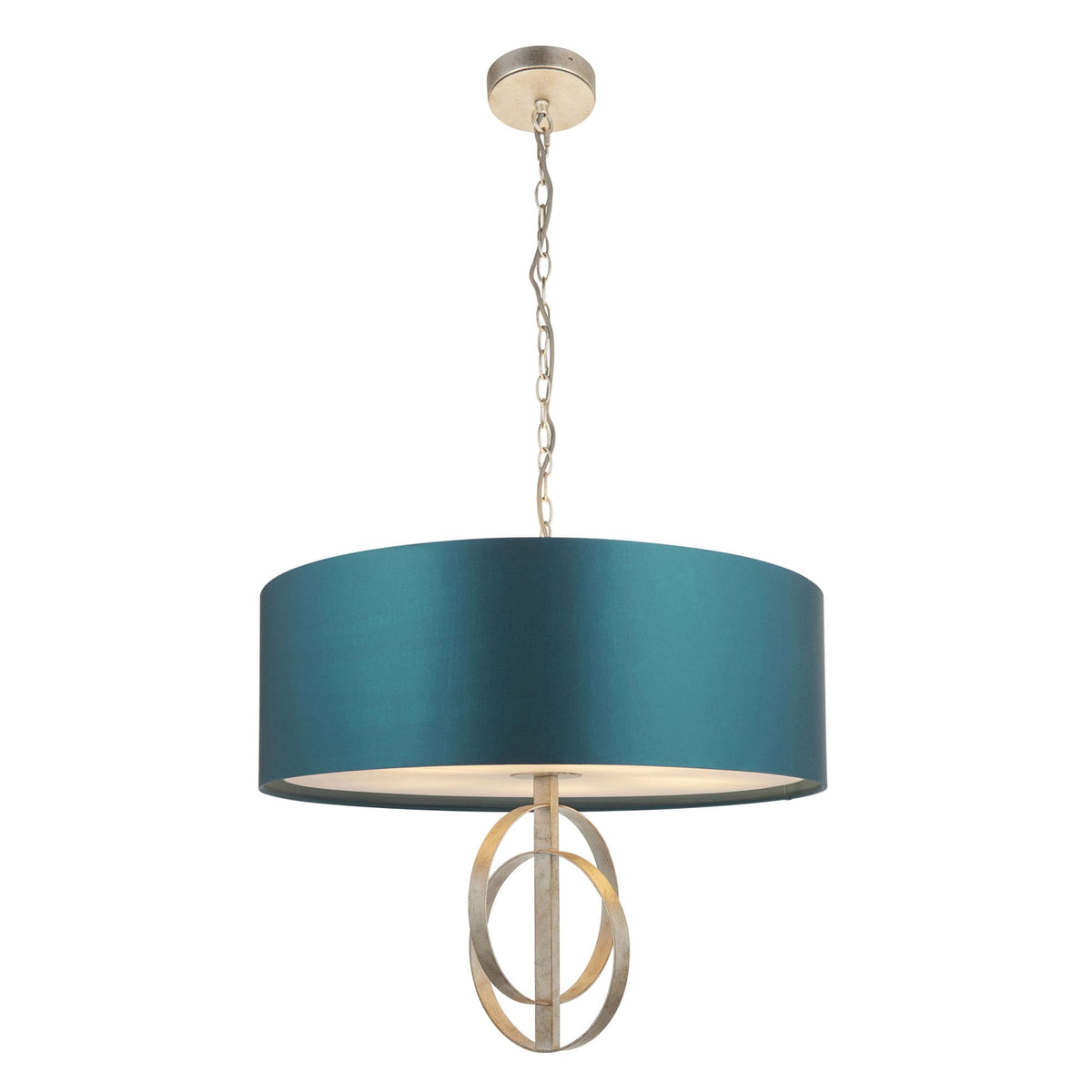 A full view of the pendant light, showcasing its chain, ceiling rose, and the complete fixture.