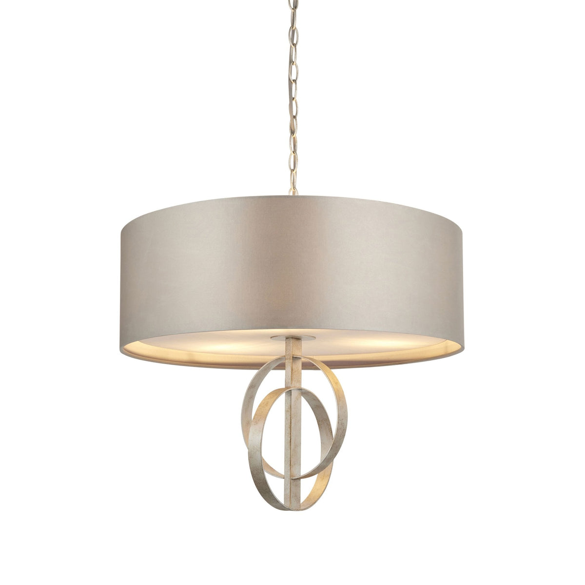 A beige drum shade pendant light with intertwined metallic rings on a white background.