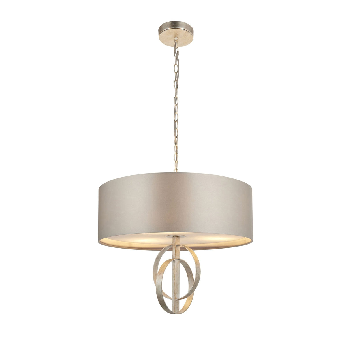 A beige drum shade pendant light with intertwined metallic rings, hanging on a white background.