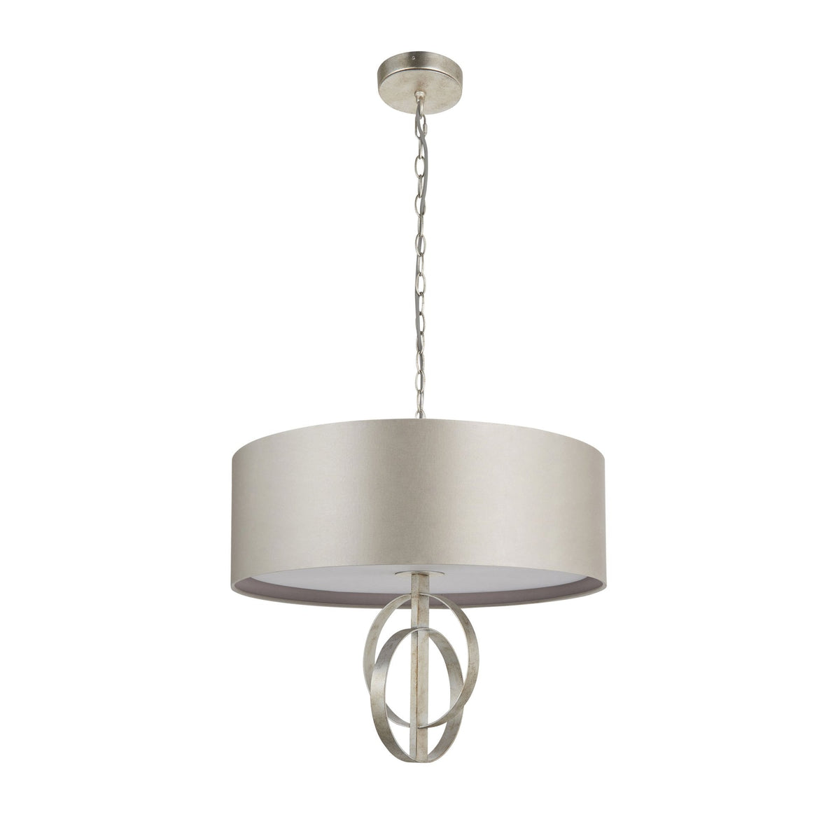 Front view of a beige drum shade pendant light with intertwined metallic rings, on a white background.