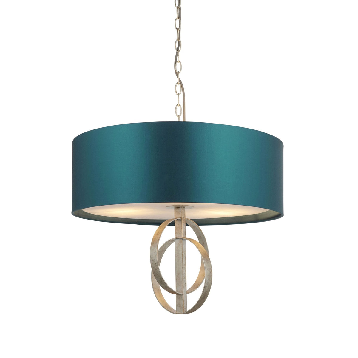 A contemporary pendant light with a teal drum shade and brushed silver intertwining rings on a white background.
