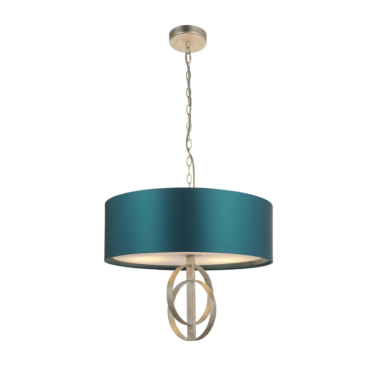 A single contemporary pendant light with a teal drum shade and brushed silver accents, shown on a white background.