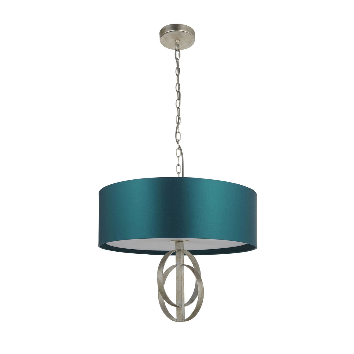 A contemporary pendant light featuring a teal drum shade and a brushed silver decorative element, on a white background.