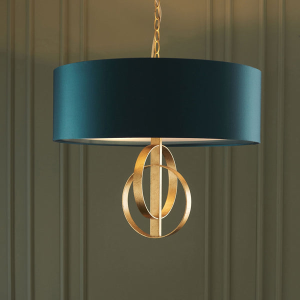 Netherbury 3 Light Pendant in Antique Gold & Teal Shade