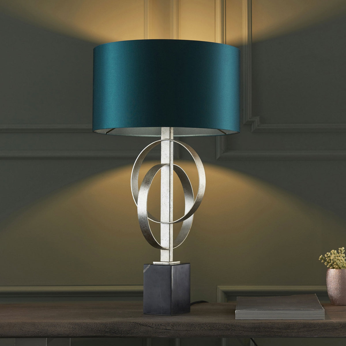 Netherbury Table Lamp in Antique Silver & Teal Shade