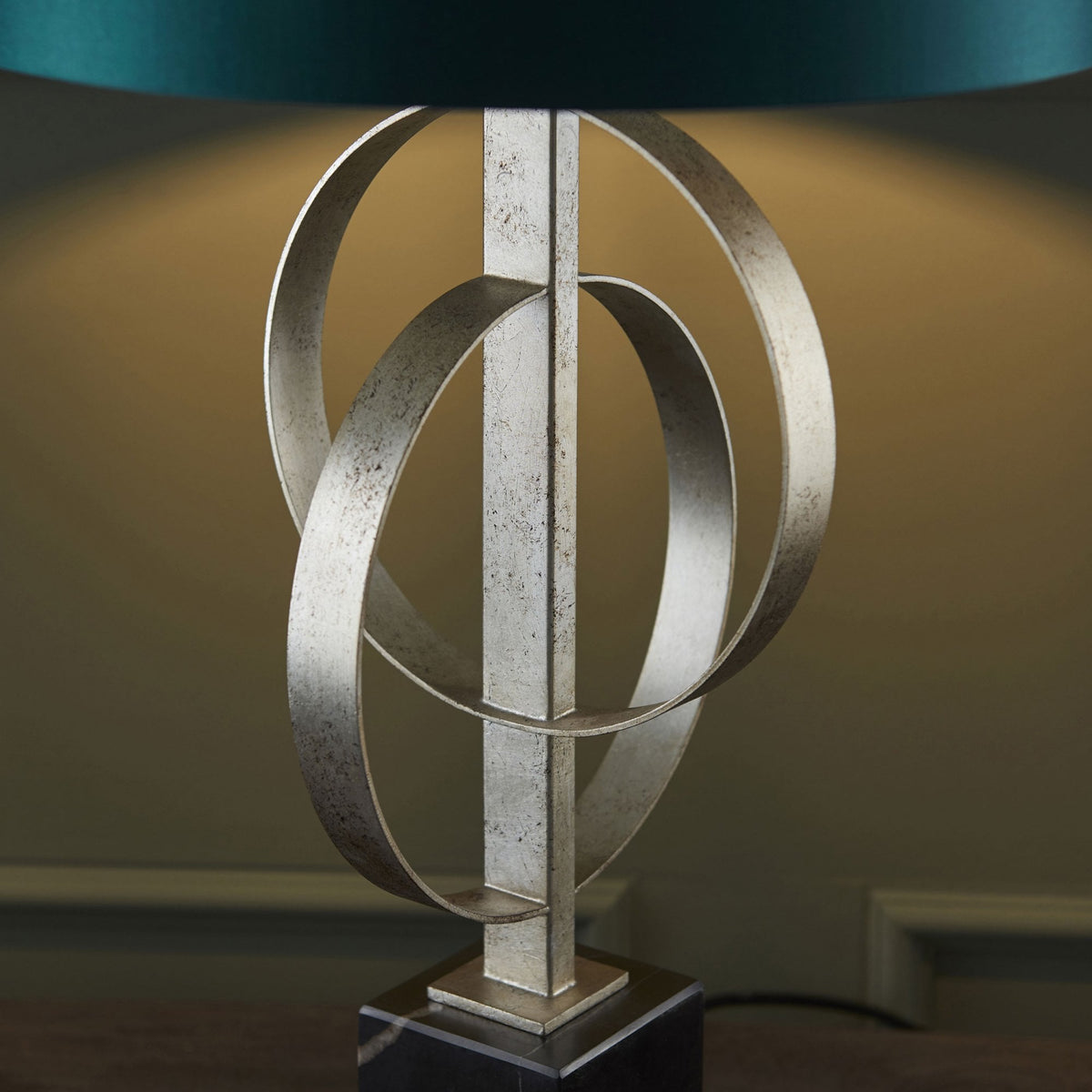 Netherbury Table Lamp in Antique Silver & Teal Shade