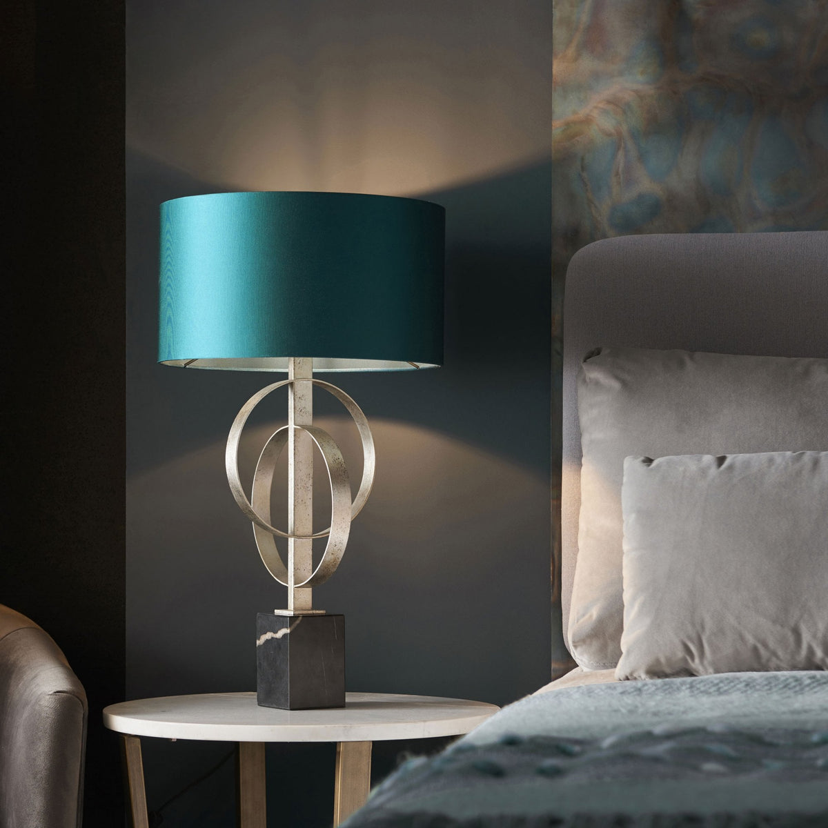 Netherbury Table Lamp in Antique Silver & Teal Shade