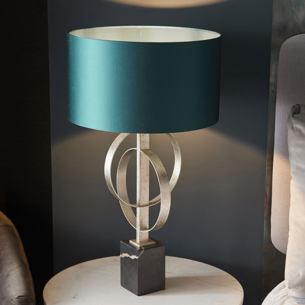 Netherbury Table Lamp in Antique Silver & Teal Shade