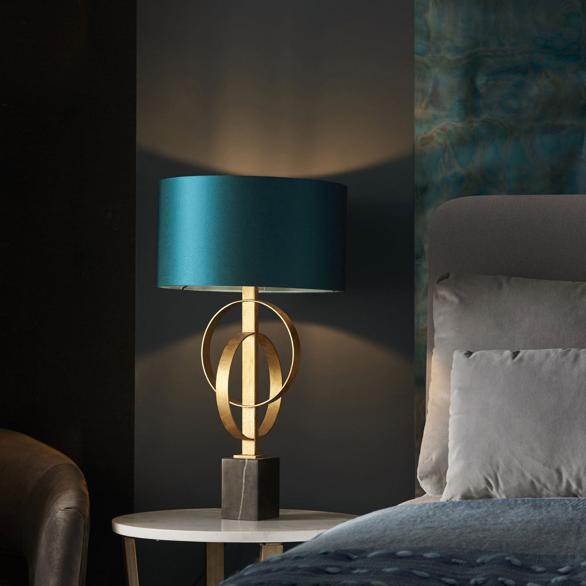 Netherbury Table Lamp in Antique Gold & Teal Shade