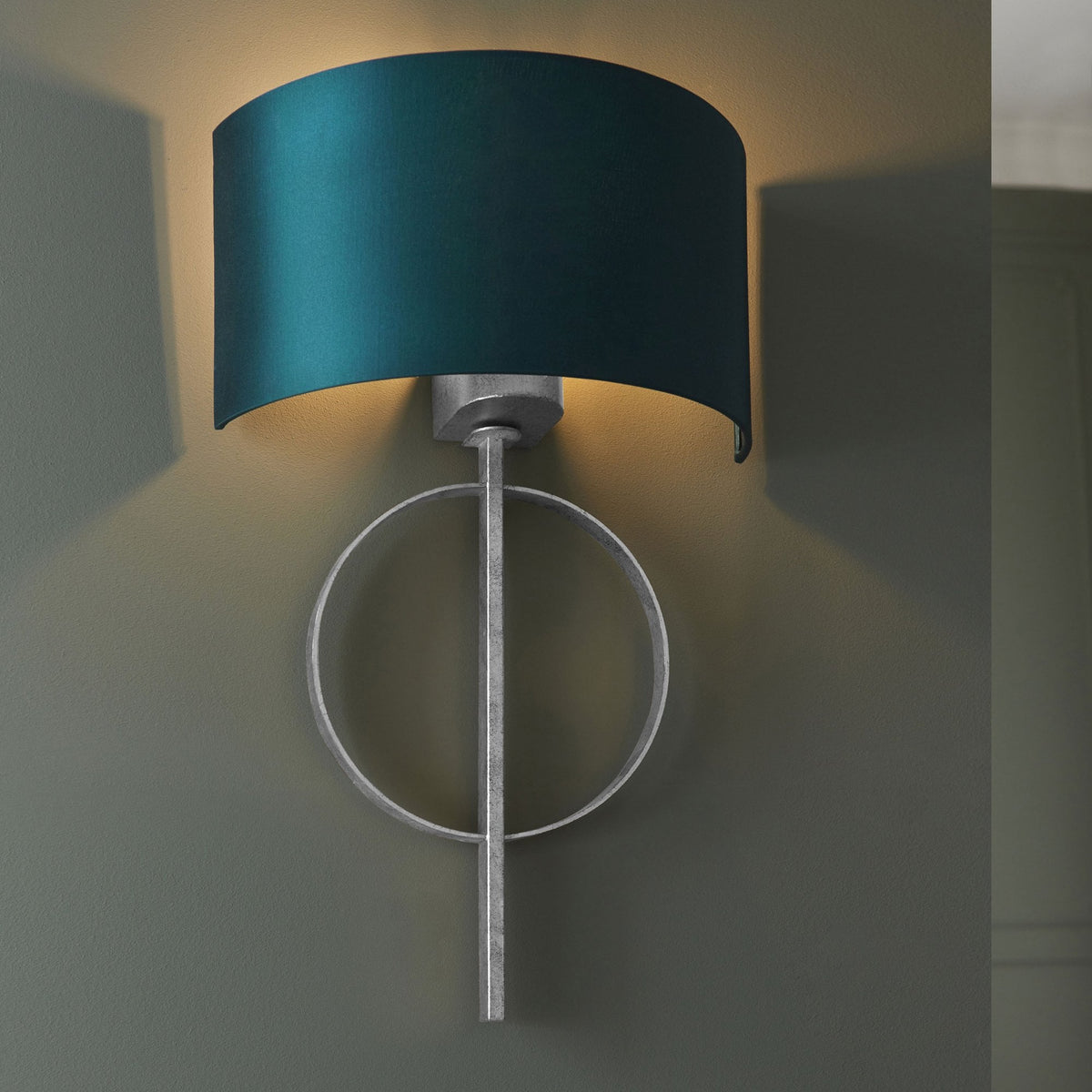 Netherbury Wall Light in Antique Silver & Teal Shade