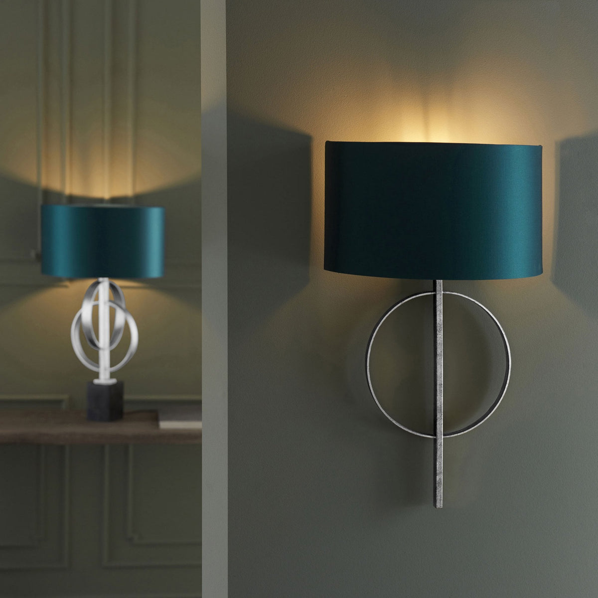 Netherbury Wall Light in Antique Silver & Teal Shade