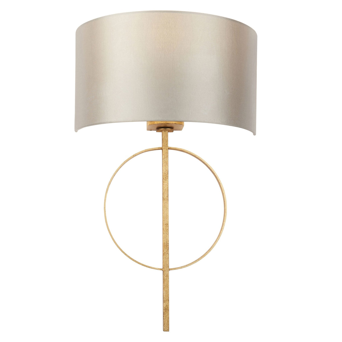 A wall light with a gold frame and a light cream drum shade, isolated on a white background.