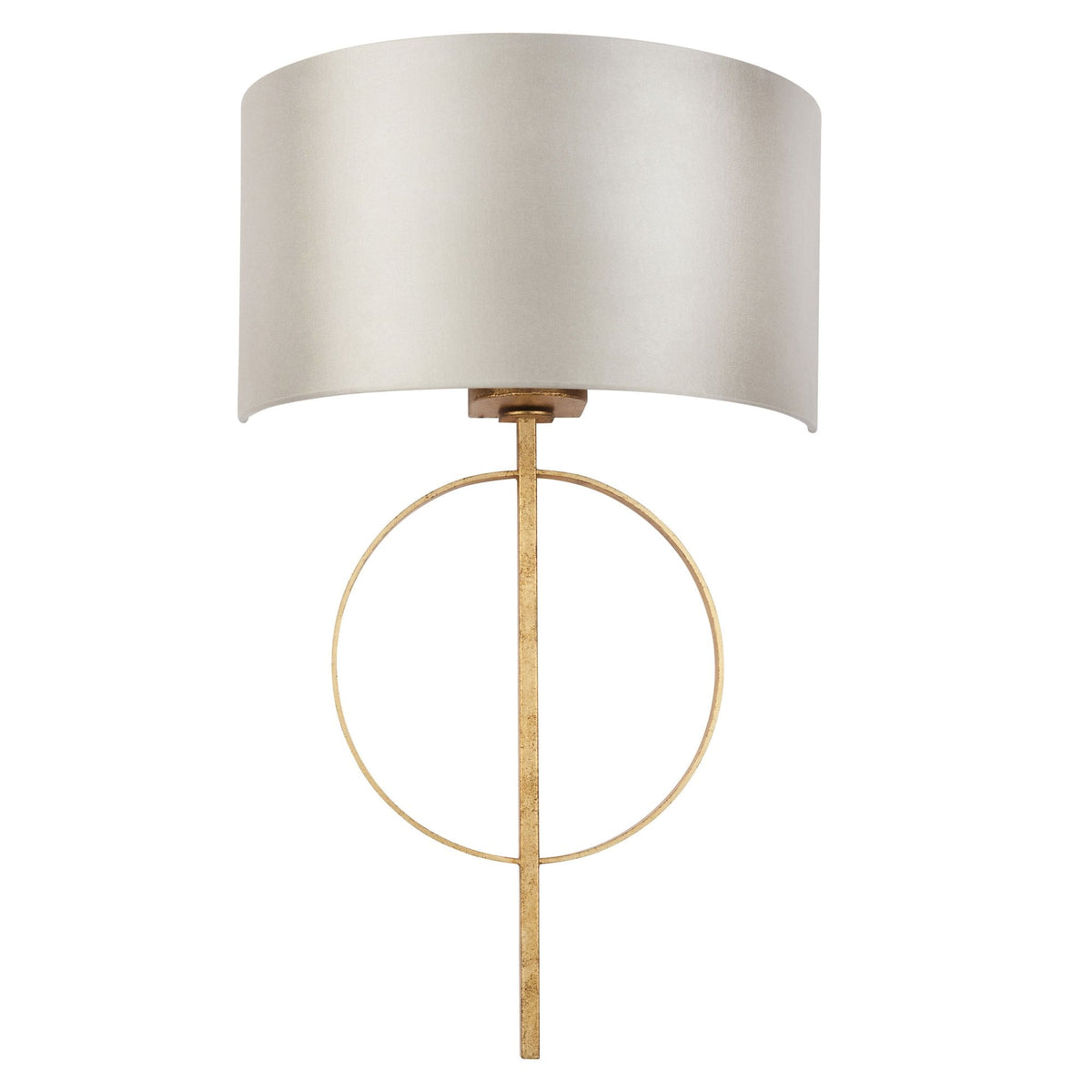 A golden wall sconce with a large, light-colored fabric shade, set against a white background.
