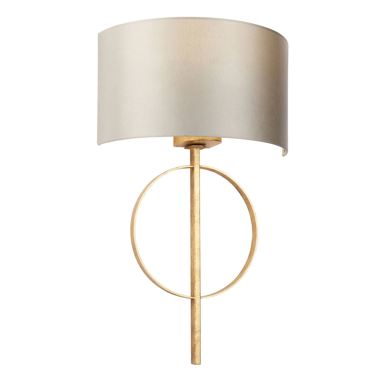 A stylish wall sconce with a gold metal frame and a subtle cream fabric shade on a white background.