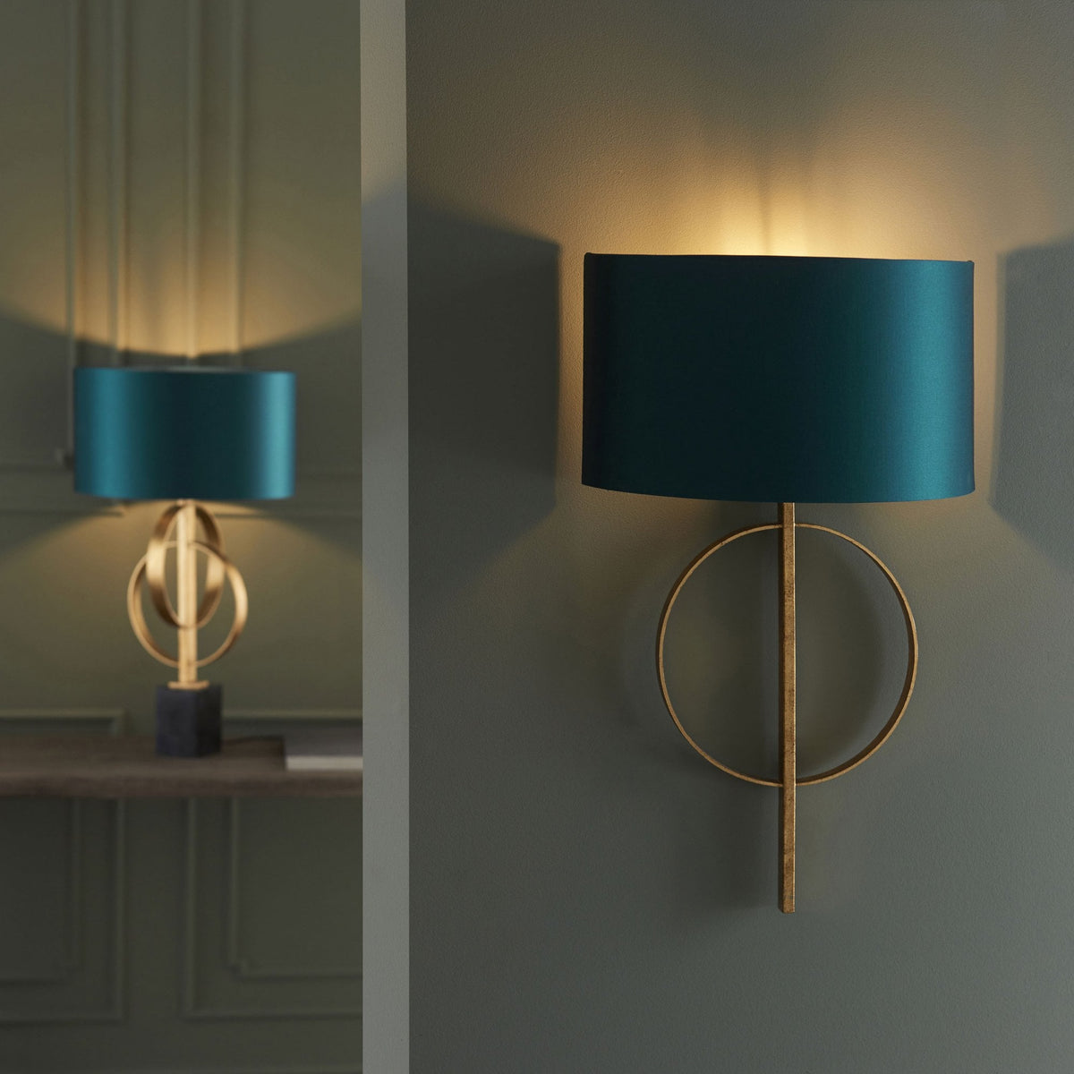 Netherbury Wall Light in Antique Gold & Teal Shade