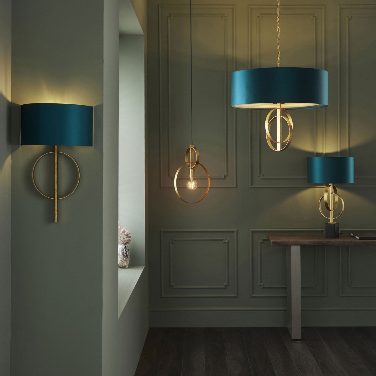 Netherbury Wall Light in Antique Gold & Teal Shade