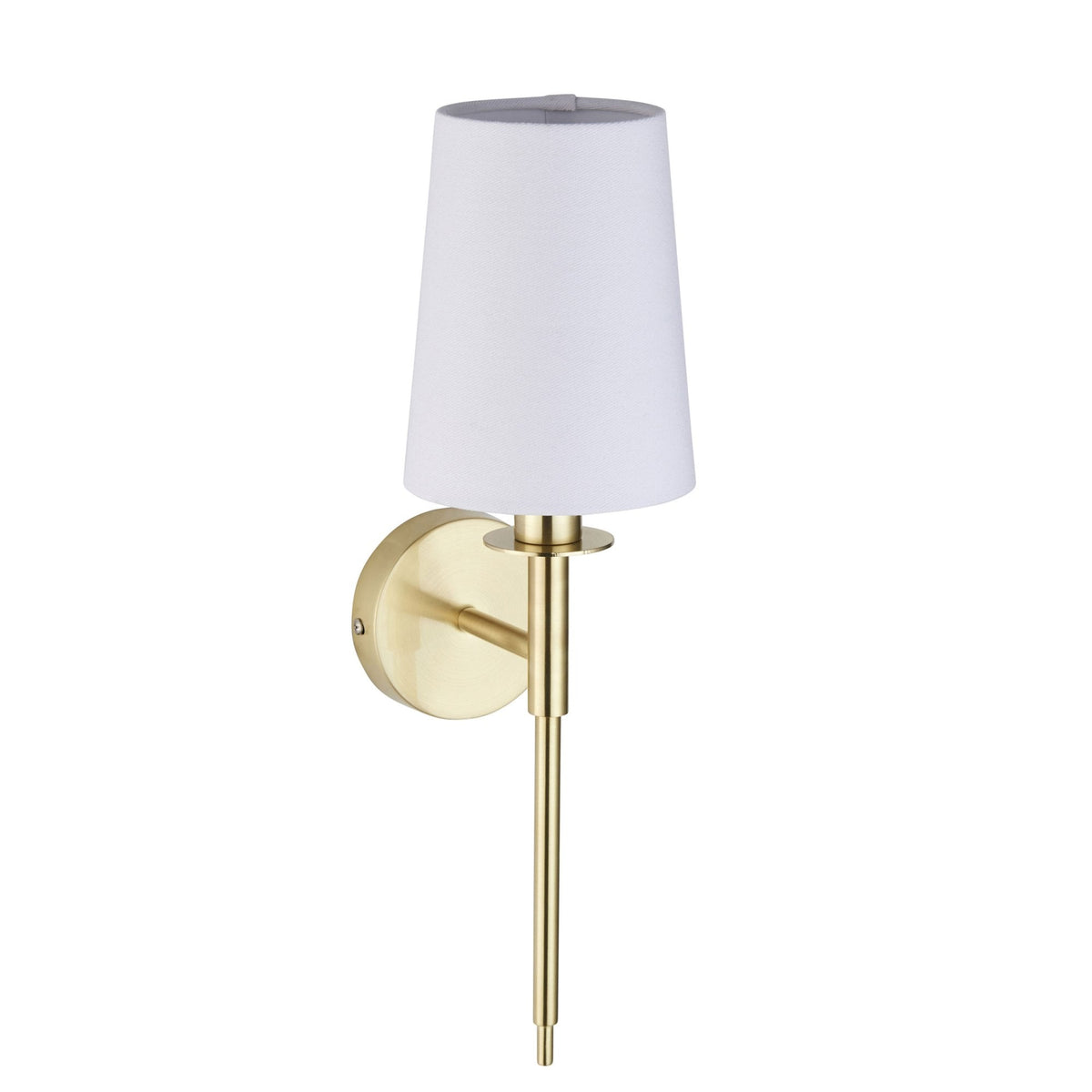 A modern brass wall light with a white conical fabric shade, shown unlit against a white background.