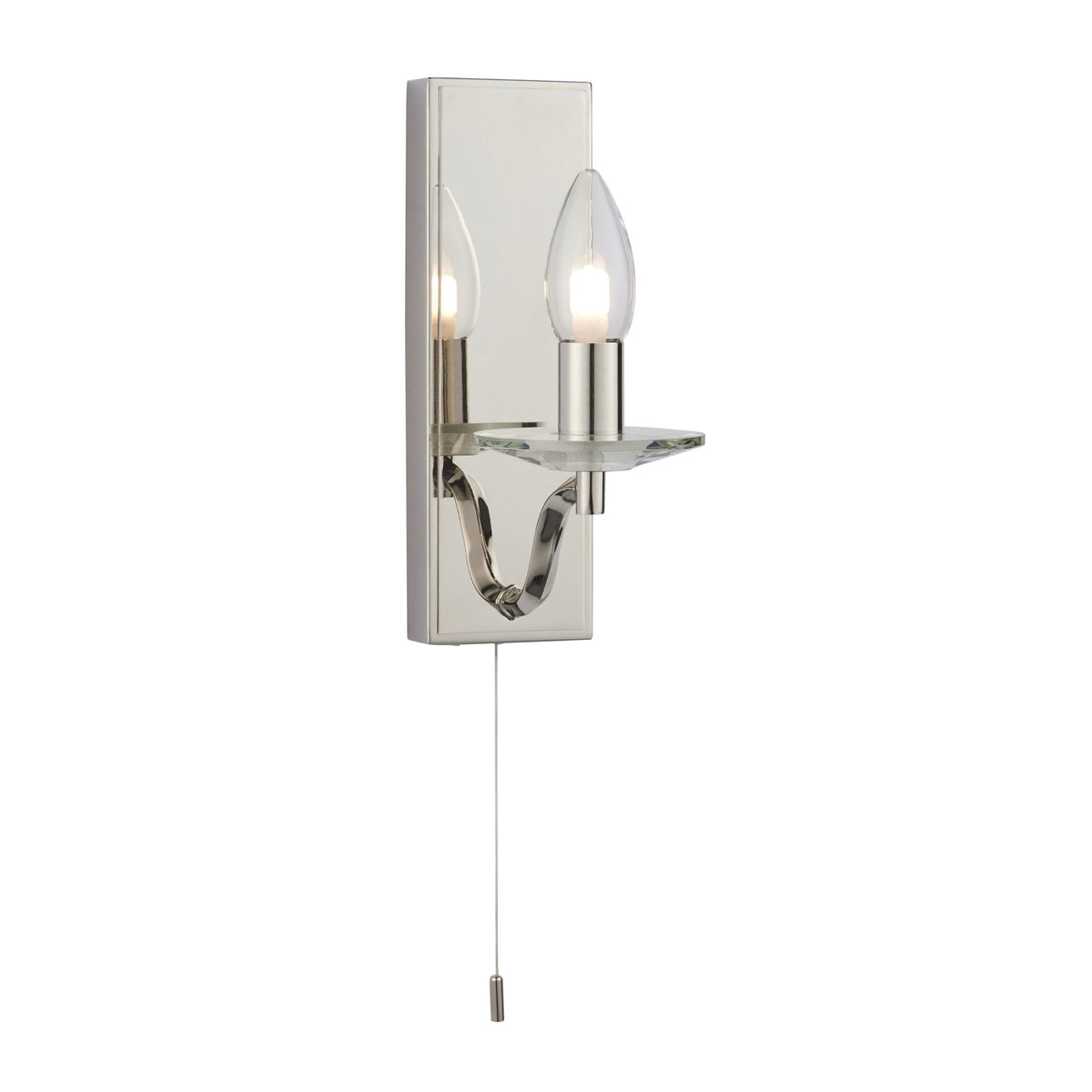 Polished chrome wall light with a clear glass candle holder and a pull cord switch, on a white background.