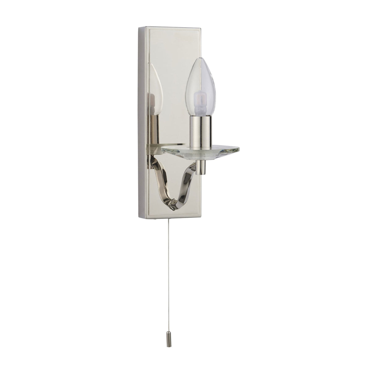 Polished chrome wall light with a clear glass candle holder and a pull cord switch, on a white background.