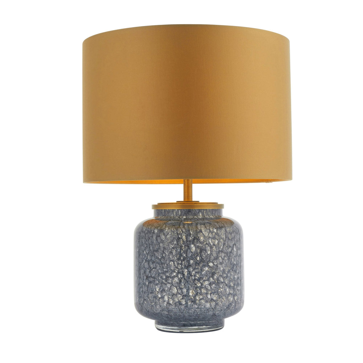 A studio shot of the blue glazed table lamp with a gold lampshade, on a white background.