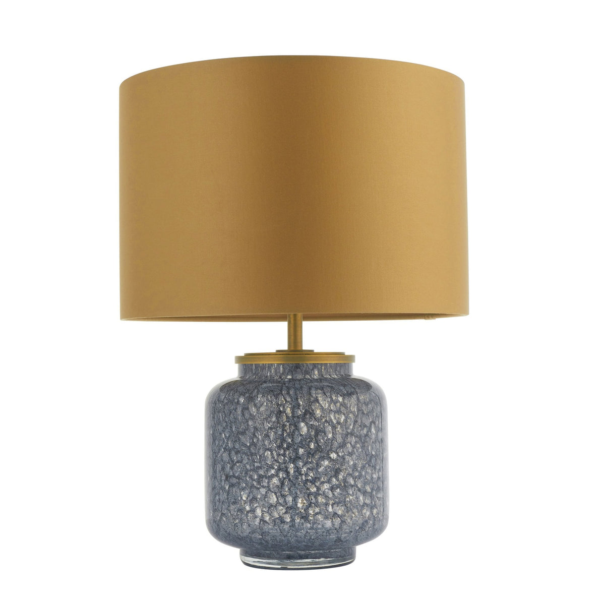 A studio shot of the blue glazed table lamp with a gold lampshade, on a white background.