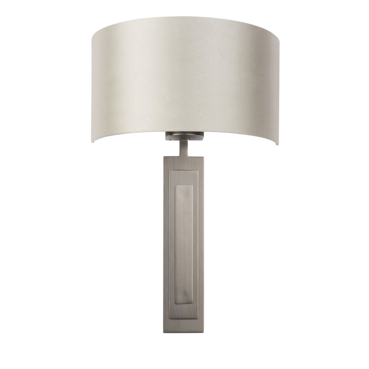 A modern wall light features a cylindrical off-white shade and a rectangular base on a white background.