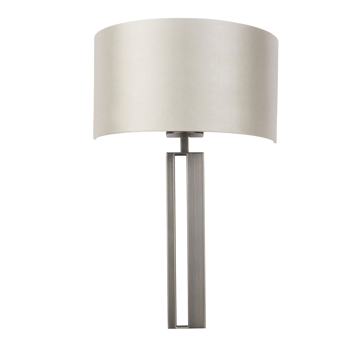 Front view of a modern wall sconce featuring a curved white shade and a rectangular bronze base.