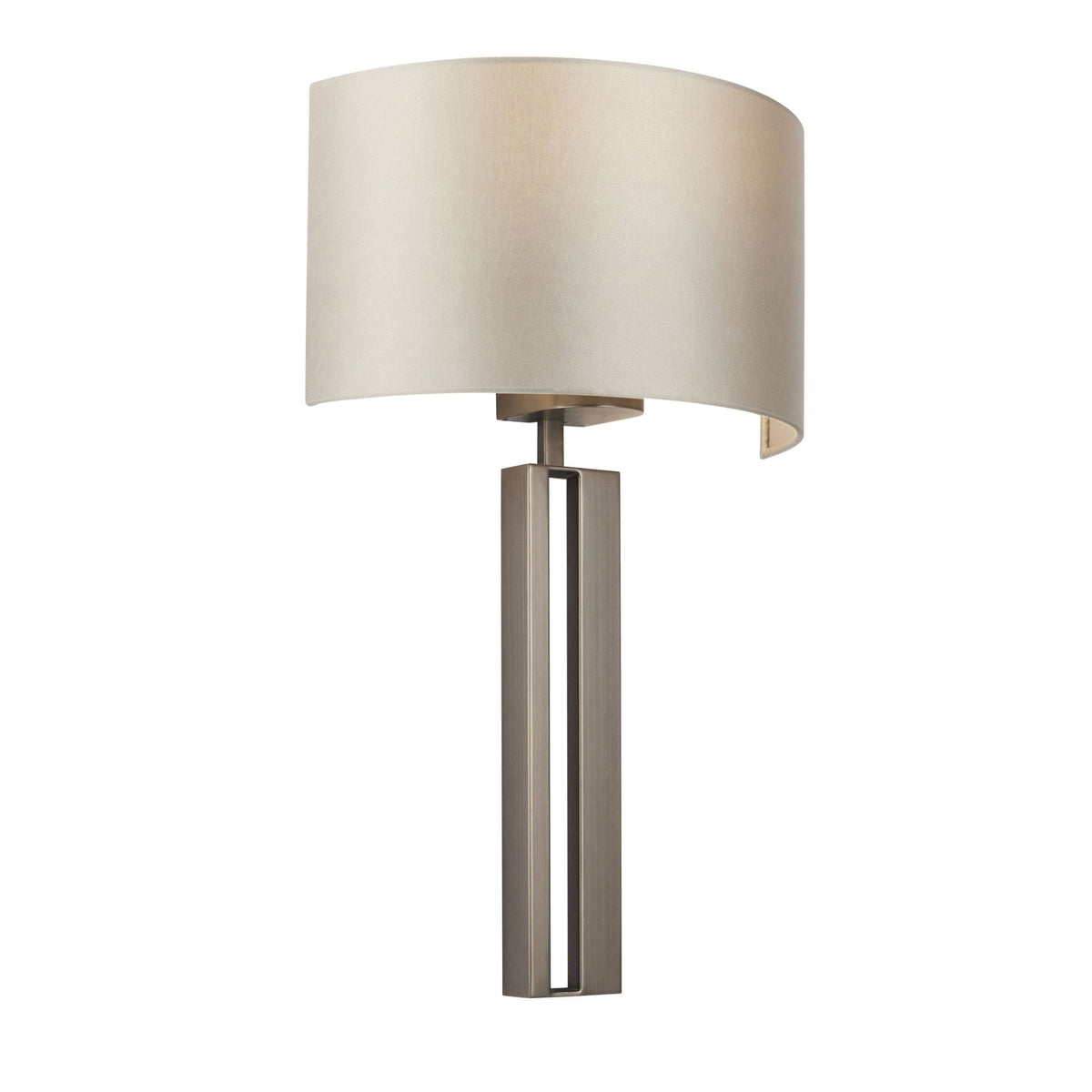 Angled view of a modern wall light with a beige, semi-cylindrical shade and a bronze rectangular base.