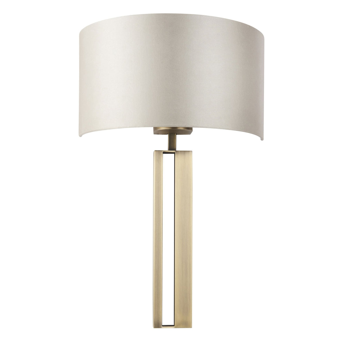 A full view of a modern wall light with a rectangular brass stem and a semi-circular fabric shade.
