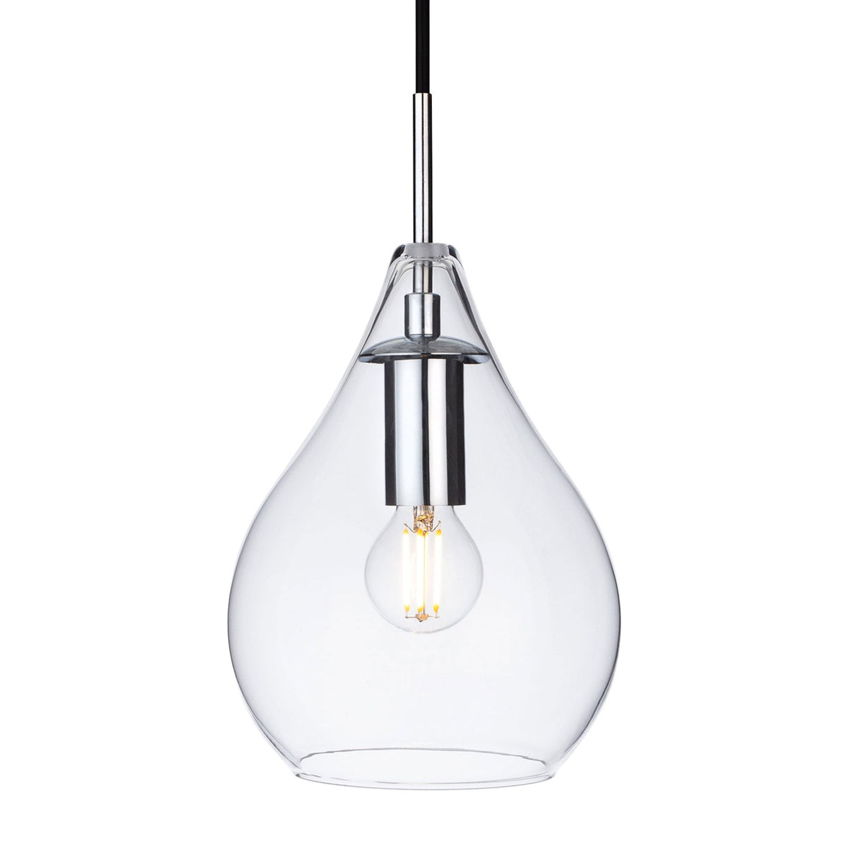 A clear glass teardrop-shaped pendant light with a chrome fixture and visible filament bulb.