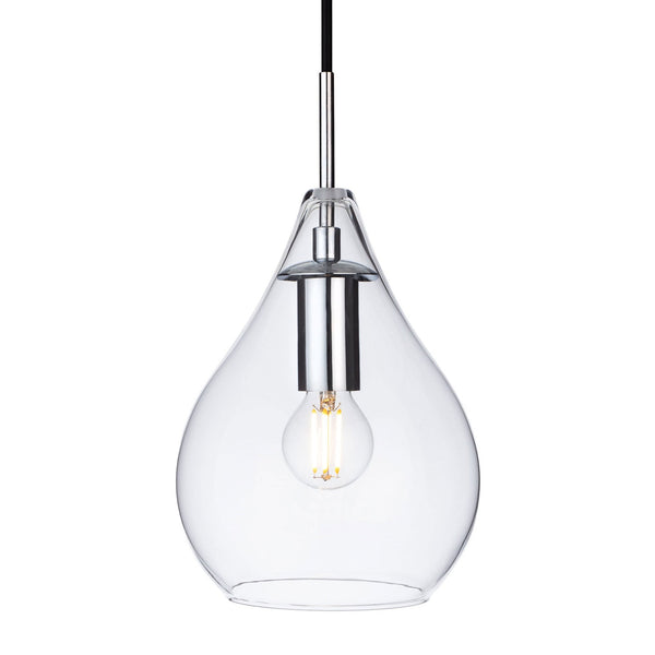 A clear glass teardrop-shaped pendant light with a chrome fixture and visible filament bulb.
