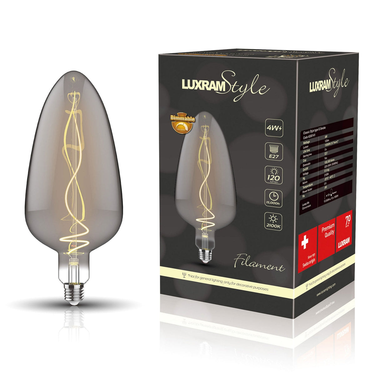 Classic Style E27 Smoked Type G Dimmable Extra Warm White LED 4W 2100K 120lm